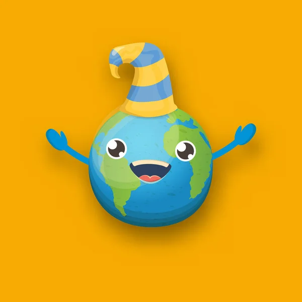 Cartoon cute smiling earth planet character with funky hat isolated on orange background. Eath day concept design party poster template with funny earth globe — Stock Vector