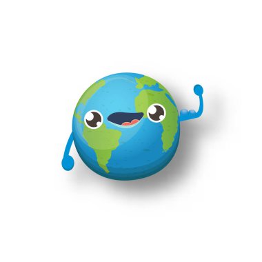 Beyaz arka planda izole edilmiş sevimli, gülümseyen bir dünya karakteri. Eath Day konsept tasarım parti poster şablonu ile komik kawaii dünya küresi