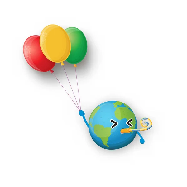 Cartoon cute earth planet character holding balloons isolated on white background. Earth day or save the earth concept party poster design template with funny earth globe on party. Happy birthday — Stock Vector