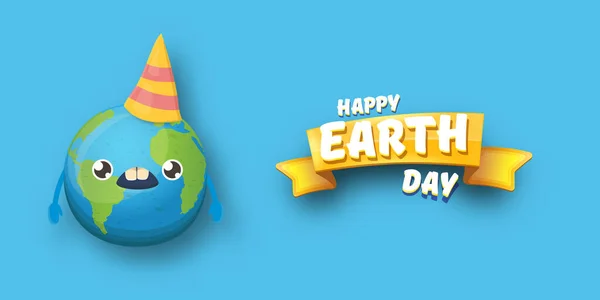 Cartoon earth day horizontal banner with cute smiling earth planet character with funny hat isolated on blue sky background. Eath day concept horizontal design template with funny kawaii earth globe — Stock Vector