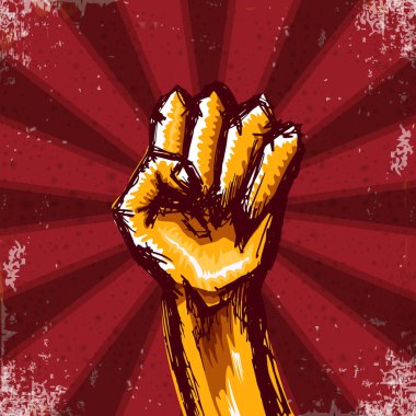 Kırmızı grunge arka planda izole edilmiş Vectro turuncu protesto yumruğu. 1 Mayıs İşçi Bayramı konsepti el çizimi karalamalı yumruk havada. Mayday grafik pankart tasarım şablonu