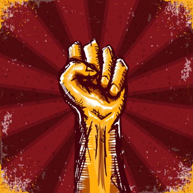 Kırmızı grunge arka planda izole edilmiş Vectro turuncu protesto yumruğu. 1 Mayıs İşçi Bayramı konsepti el çizimi karalamalı yumruk havada. Mayday grafik pankart tasarım şablonu