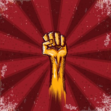 Kırmızı grunge arka planda izole edilmiş Vectro turuncu protesto yumruğu. 1 Mayıs İşçi Bayramı konsepti el çizimi karalamalı yumruk havada. Mayday grafik pankart tasarım şablonu