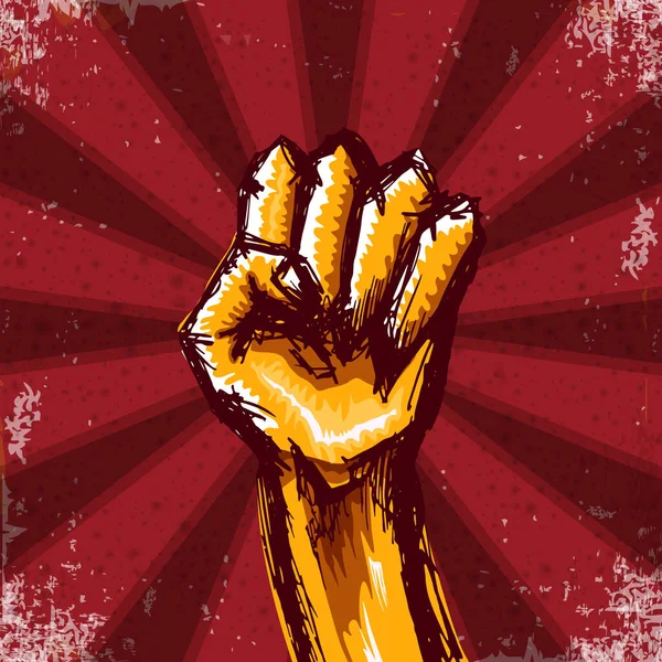 Vectro oranje protest vuist geïsoleerd op rode grunge achtergrond met stralen. 1 mei Illustratie van de Dag van de Arbeid met de hand getekend doodle gerezen vuist in de lucht. Mayday grafische banner ontwerp sjabloon — Stockvector