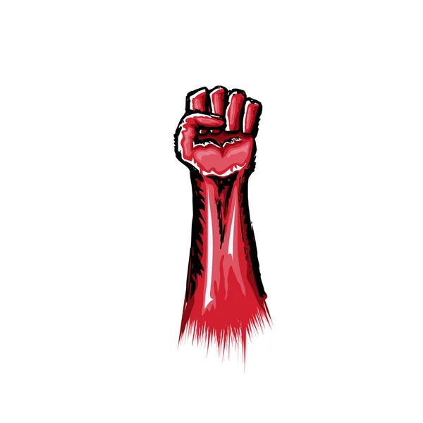 Beyaz arka planda izole edilmiş Vectro kırmızı yumruk. 1 Mayıs İşçi Bayramı konsepti el çizimi karalamalı yumruk havada. Dövüşçü ya da dövüş kulübü logosu ya da poster tasarımı şablonu — Stok Vektör