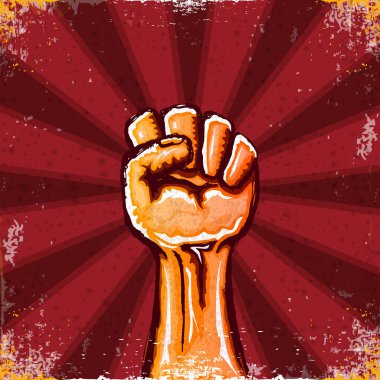 Kırmızı grunge arka planda izole edilmiş Vectro turuncu protesto yumruğu. 1 Mayıs İşçi Bayramı konsepti el çizimi karalamalı yumruk havada. Mayday grafik pankart tasarım şablonu