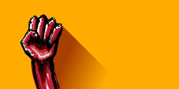 Punho de protesto vermelho Vectro isolado no fundo do banner horizontal laranja. 1 Maio ilustração conceito Dia do Trabalho com mão puxada levantou punho no ar. Mayday gráfico modelo de design de banner horizontal — Vetor de Stock