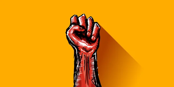 Punho de protesto vermelho Vectro isolado no fundo do banner horizontal laranja. 1 Maio ilustração conceito Dia do Trabalho com mão puxada levantou punho no ar. Mayday gráfico modelo de design de banner horizontal — Vetor de Stock