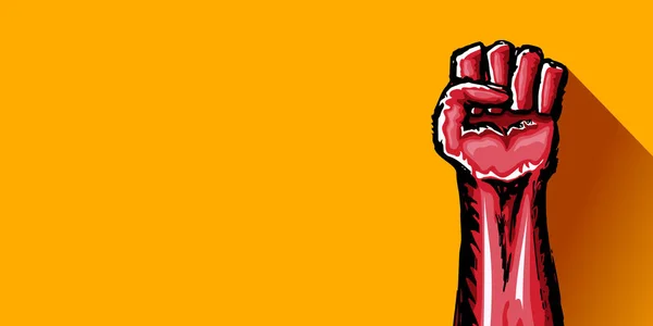 在橙色水平横幅背景上孤立的红色抗议拳头。1.劳动节的概念可以用手拉着举起的拳头在空中演示。五月天平面图横幅设计模板 — 图库矢量图片