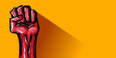 Turuncu yatay fonda izole edilmiş kırmızı protesto yumruğu. 1 Mayıs İşçi Bayramı konsepti, el çizimi yumruklar havada. Mayday grafik yatay afiş tasarım şablonu