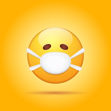 Ağız koruyucu maskeli Emoji çıkartması turuncu arka planda. Beyaz cerrah maskeli, sarı gülücük karakteri. Kişisel izolasyon konsepti ilüstrasyonu veya simgesi