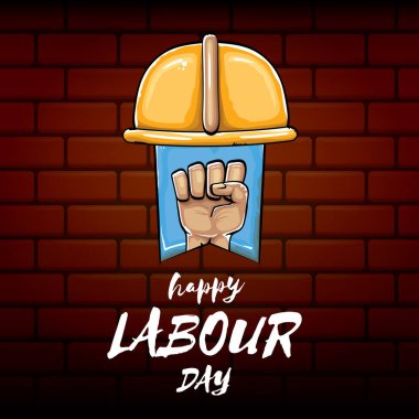 Tuğla duvar arkasında izole edilmiş güçlü turuncu yumruklu İşçi Bayramı vektör etiketi. İnsan eliyle mutlu işçi günü geçmişi. kırmızı işçiler afiş yapabilir