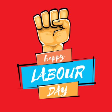 Kırmızı arka planda izole edilmiş güçlü turuncu yumruklu İşçi Bayramı vektör etiketi. İnsan eliyle mutlu işçi günü geçmişi. kırmızı işçiler afiş yapabilir