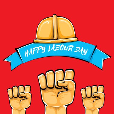 Kırmızı arka planda izole edilmiş güçlü turuncu yumruklu İşçi Bayramı vektör etiketi. İnsan eliyle mutlu işçi günü geçmişi. kırmızı işçiler afiş yapabilir