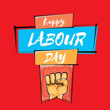 Kırmızı arka planda izole edilmiş güçlü turuncu yumruklu İşçi Bayramı vektör etiketi. İnsan eliyle mutlu işçi günü geçmişi. kırmızı işçiler afiş yapabilir