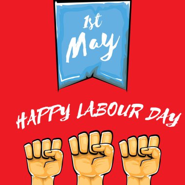 Kırmızı arka planda izole edilmiş güçlü turuncu yumruklu İşçi Bayramı vektör etiketi. İnsan eliyle mutlu işçi günü geçmişi. kırmızı işçiler afiş yapabilir