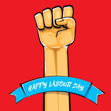 Kırmızı arka planda izole edilmiş güçlü turuncu yumruklu İşçi Bayramı vektör etiketi. İnsan eliyle mutlu işçi günü geçmişi. kırmızı işçiler afiş yapabilir