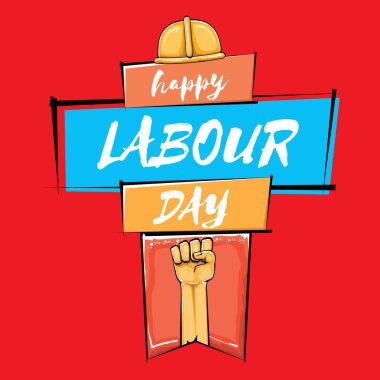 Kırmızı arka planda izole edilmiş güçlü turuncu yumruklu İşçi Bayramı vektör etiketi. İnsan eliyle mutlu işçi günü geçmişi. kırmızı işçiler afiş yapabilir