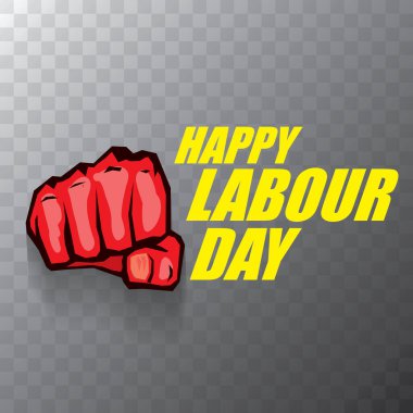 Şeffaf arka planda güçlü turuncu yumruklu İşçi Bayramı vektör etiketi. Doğum günün kutlu olsun ya da erkek eli ile afiş. İşçiler Gündüz Posteri