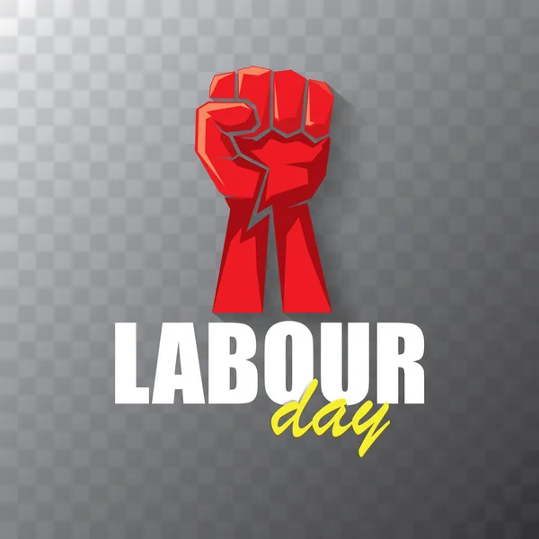 Happy labour day vector label met sterke oranje vuist op transparante achtergrond. vector gelukkige werkdag achtergrond of banner met man hand. werknemers mogen dag poster — Stockvector