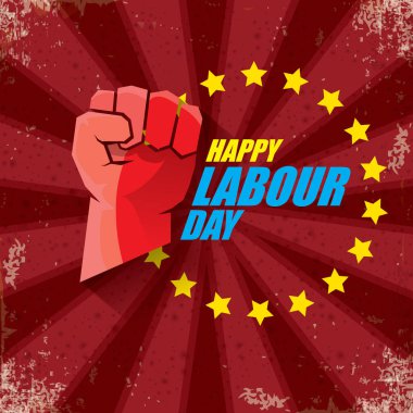 1 Mayıs İşçi Bayramı vektör etiketi ve güçlü bir protesto yumruğu ışınlı kırmızı arka planda. Doğum günün kutlu olsun ya da erkek eli ile afiş. İşçiler Gündüz Posteri