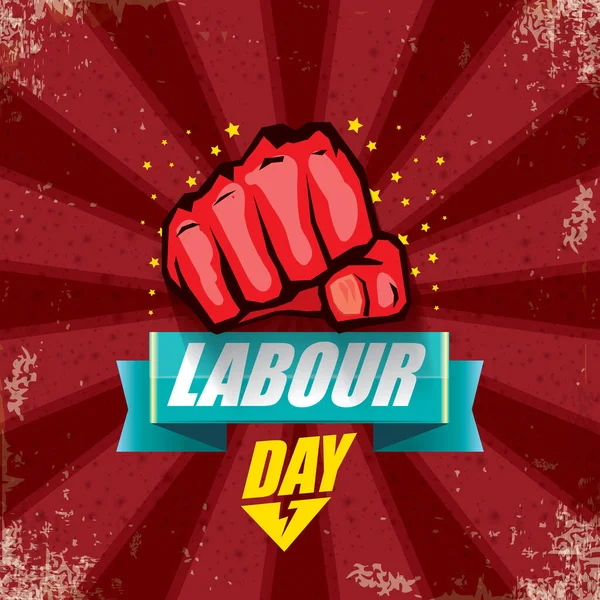 1 may Happy labour day vector label with strong protest fist in the air on bintage red background with rays. vector happy labor day background or banner with man hand. workers may day poster