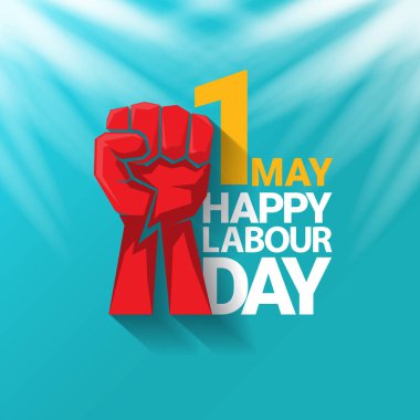1 Mayıs İşçi Bayramı vektör etiketi ile gökyüzünde güçlü bir protesto yumruğu ve vatoz ışınları. Doğum günün kutlu olsun ya da erkek eli ile afiş. İşçiler Gündüz Posteri