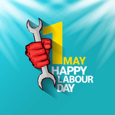 1 Mayıs İşçi Bayramı vektör etiketi ile gökyüzünde güçlü bir protesto yumruğu ve vatoz ışınları. Doğum günün kutlu olsun ya da erkek eli ile afiş. İşçiler Gündüz Posteri