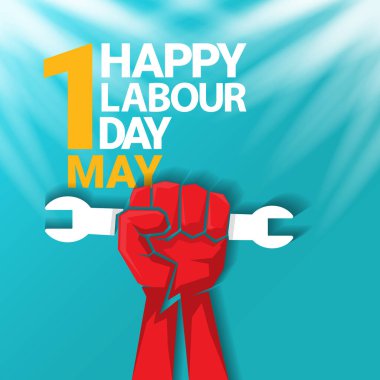 1 Mayıs İşçi Bayramı vektör etiketi ile gökyüzünde güçlü bir protesto yumruğu ve vatoz ışınları. Doğum günün kutlu olsun ya da erkek eli ile afiş. İşçiler Gündüz Posteri