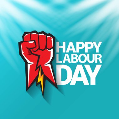 1 Mayıs İşçi Bayramı vektör etiketi ile gökyüzünde güçlü bir protesto yumruğu ve vatoz ışınları. Doğum günün kutlu olsun ya da erkek eli ile afiş. İşçiler Gündüz Posteri