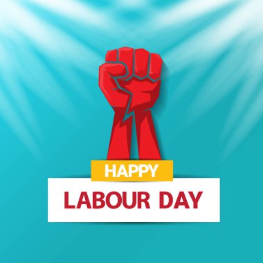 1 Mayıs İşçi Bayramı vektör etiketi ile gökyüzünde güçlü bir protesto yumruğu ve vatoz ışınları. Doğum günün kutlu olsun ya da erkek eli ile afiş. İşçiler Gündüz Posteri