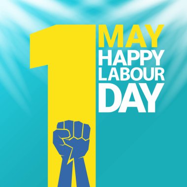 1 Mayıs İşçi Bayramı vektör etiketi ile gökyüzünde güçlü bir protesto yumruğu ve vatoz ışınları. Doğum günün kutlu olsun ya da erkek eli ile afiş. İşçiler Gündüz Posteri