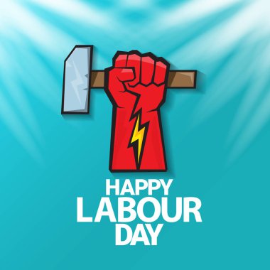 1 Mayıs İşçi Bayramı vektör etiketi ile gökyüzünde güçlü bir protesto yumruğu ve vatoz ışınları. Doğum günün kutlu olsun ya da erkek eli ile afiş. İşçiler Gündüz Posteri