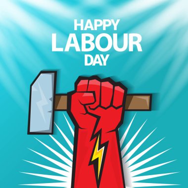 1 Mayıs İşçi Bayramı vektör etiketi ile gökyüzünde güçlü bir protesto yumruğu ve vatoz ışınları. Doğum günün kutlu olsun ya da erkek eli ile afiş. İşçiler Gündüz Posteri