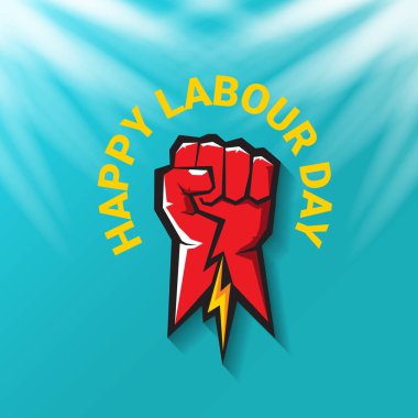 1 Mayıs İşçi Bayramı vektör etiketi ile gökyüzünde güçlü bir protesto yumruğu ve vatoz ışınları. Doğum günün kutlu olsun ya da erkek eli ile afiş. İşçiler Gündüz Posteri