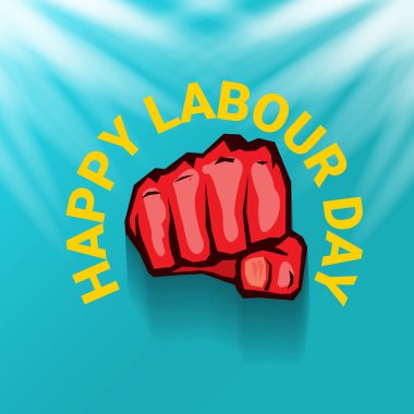 1 Mayıs İşçi Bayramı vektör etiketi ile gökyüzünde güçlü bir protesto yumruğu ve vatoz ışınları. Doğum günün kutlu olsun ya da erkek eli ile afiş. İşçiler Gündüz Posteri