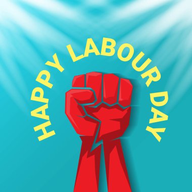 1 Mayıs İşçi Bayramı vektör etiketi ile gökyüzünde güçlü bir protesto yumruğu ve vatoz ışınları. Doğum günün kutlu olsun ya da erkek eli ile afiş. İşçiler Gündüz Posteri