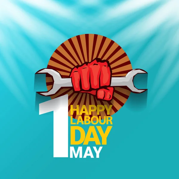 1 Μάιος Ευτυχισμένη ημέρα εργασίας διάνυσμα ετικέτα με ισχυρή γροθιά διαμαρτυρία στον αέρα σε μπλε φόντο ουρανό με ακτίνες. διάνυσμα χαρούμενη ημέρα εργασίας φόντο ή πανό με το χέρι του ανθρώπου. εργαζόμενοι μπορούν αφίσα ημέρα — Διανυσματικό Αρχείο