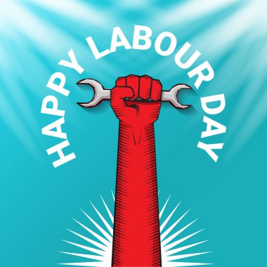 1 Mayıs İşçi Bayramı vektör etiketi ile gökyüzünde güçlü bir protesto yumruğu ve vatoz ışınları. Doğum günün kutlu olsun ya da erkek eli ile afiş. İşçiler Gündüz Posteri