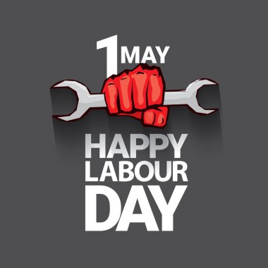 1 Mayıs İşçi Bayramı vektör etiketi gri arka planda, ışınlarla izole edilmiş güçlü bir protesto yumruğuyla. Doğum günün kutlu olsun ya da erkek eli ile afiş. İşçiler Gündüz Posteri