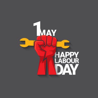 1 Mayıs İşçi Bayramı vektör etiketi gri arka planda, ışınlarla izole edilmiş güçlü bir protesto yumruğuyla. Doğum günün kutlu olsun ya da erkek eli ile afiş. İşçiler Gündüz Posteri