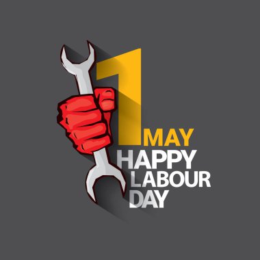 1 Mayıs İşçi Bayramı vektör etiketi gri arka planda, ışınlarla izole edilmiş güçlü bir protesto yumruğuyla. Doğum günün kutlu olsun ya da erkek eli ile afiş. İşçiler Gündüz Posteri