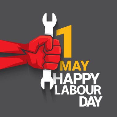 1 Mayıs İşçi Bayramı vektör etiketi gri arka planda, ışınlarla izole edilmiş güçlü bir protesto yumruğuyla. Doğum günün kutlu olsun ya da erkek eli ile afiş. İşçiler Gündüz Posteri