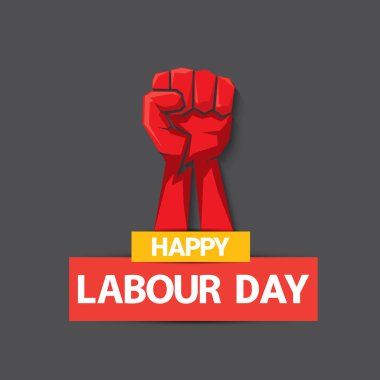 1 Mayıs İşçi Bayramı vektör etiketi gri arka planda, ışınlarla izole edilmiş güçlü bir protesto yumruğuyla. Doğum günün kutlu olsun ya da erkek eli ile afiş. İşçiler Gündüz Posteri