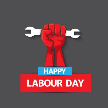 1 Mayıs İşçi Bayramı vektör etiketi gri arka planda, ışınlarla izole edilmiş güçlü bir protesto yumruğuyla. Doğum günün kutlu olsun ya da erkek eli ile afiş. İşçiler Gündüz Posteri