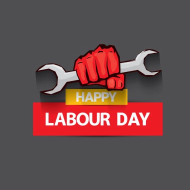 1 Mayıs İşçi Bayramı vektör etiketi gri arka planda, ışınlarla izole edilmiş güçlü bir protesto yumruğuyla. Doğum günün kutlu olsun ya da erkek eli ile afiş. İşçiler Gündüz Posteri