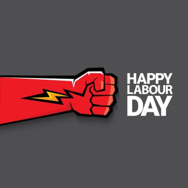 1 Mayıs İşçi Bayramı vektör etiketi gri arka planda, ışınlarla izole edilmiş güçlü bir protesto yumruğuyla. Doğum günün kutlu olsun ya da erkek eli ile afiş. İşçiler Gündüz Posteri