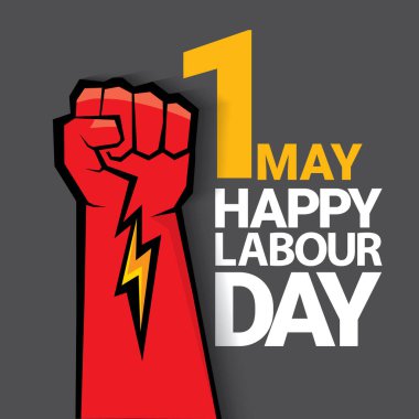 1 Mayıs İşçi Bayramı vektör etiketi gri arka planda, ışınlarla izole edilmiş güçlü bir protesto yumruğuyla. Doğum günün kutlu olsun ya da erkek eli ile afiş. İşçiler Gündüz Posteri