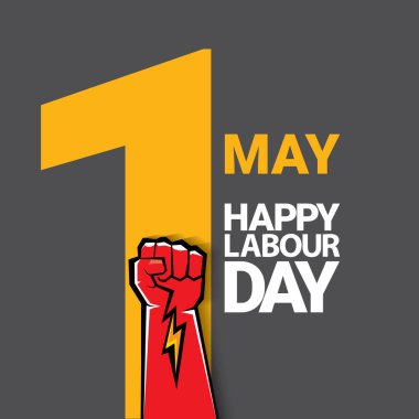 1 Mayıs İşçi Bayramı vektör etiketi gri arka planda, ışınlarla izole edilmiş güçlü bir protesto yumruğuyla. Doğum günün kutlu olsun ya da erkek eli ile afiş. İşçiler Gündüz Posteri