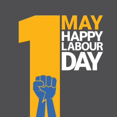 1 Mayıs İşçi Bayramı vektör etiketi gri arka planda, ışınlarla izole edilmiş güçlü bir protesto yumruğuyla. Doğum günün kutlu olsun ya da erkek eli ile afiş. İşçiler Gündüz Posteri